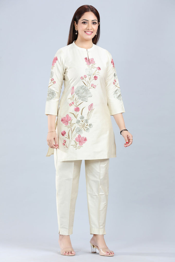 Cream Cotton Silk Straight Kurta Pant Co ord Set