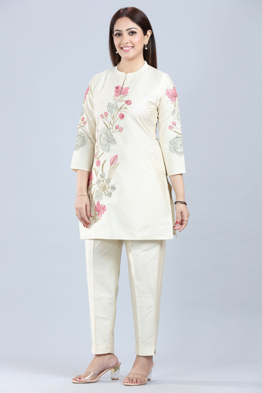 Cream Cotton Silk Straight Kurta Pant Co ord Set