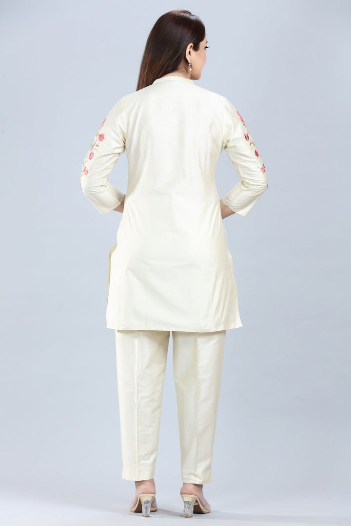 Cream Cotton Silk Straight Kurta Pant Co ord Set