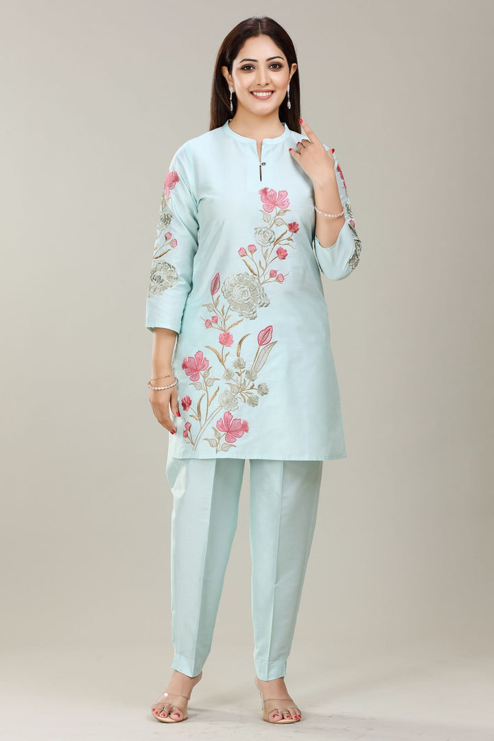 Mint Cotton Silk Straight Kurta Pant Co ord Set