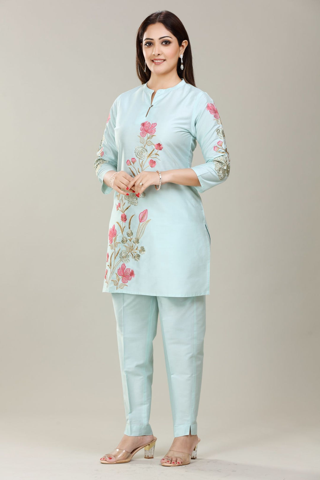 Mint Cotton Silk Straight Kurta Pant Co ord Set