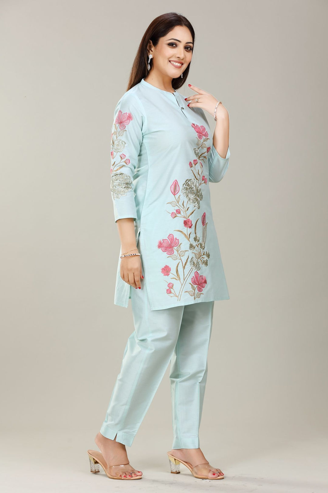 Mint Cotton Silk Straight Kurta Pant Co ord Set