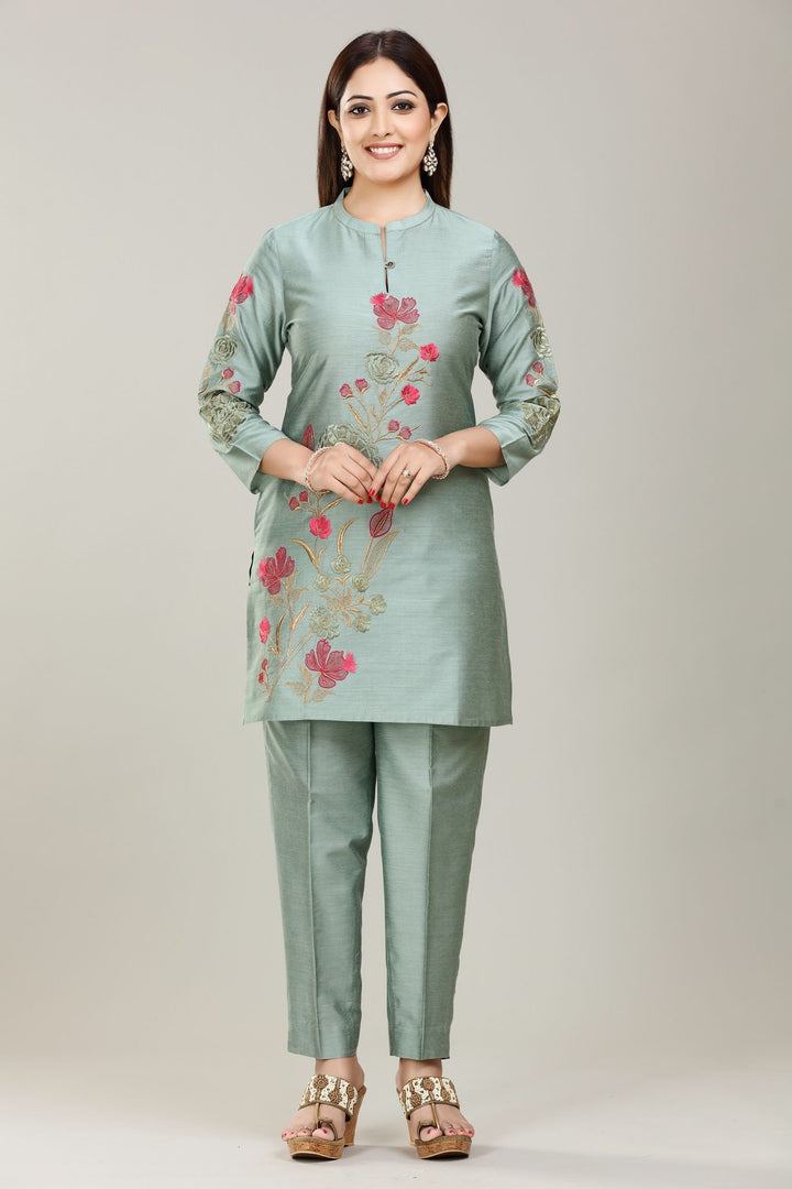 Pastel Pistachio Cotton Silk Straight Embroidered Kurta Pant Co ord Set