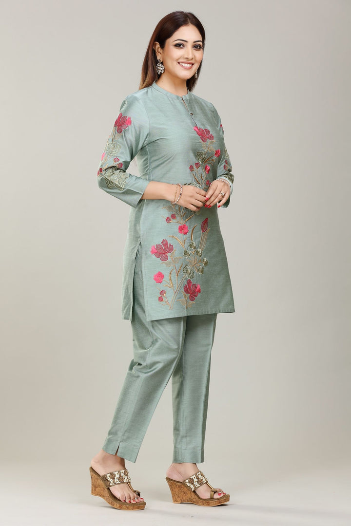 Pastel Pistachio Cotton Silk Straight Embroidered Kurta Pant Co ord Set