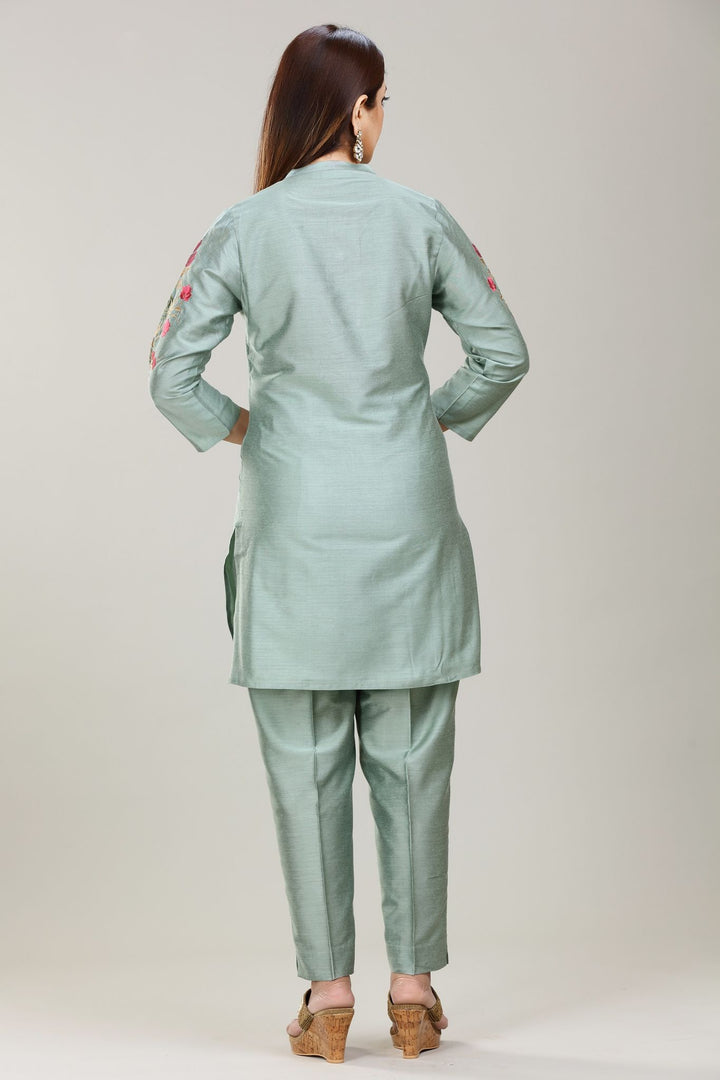 Pastel Pistachio Cotton Silk Straight Embroidered Kurta Pant Co ord Set