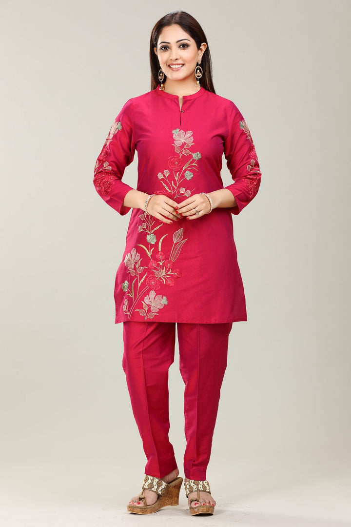 Rani Pink Cotton Silk Straight Embroidered Kurta Pant Co ord Set