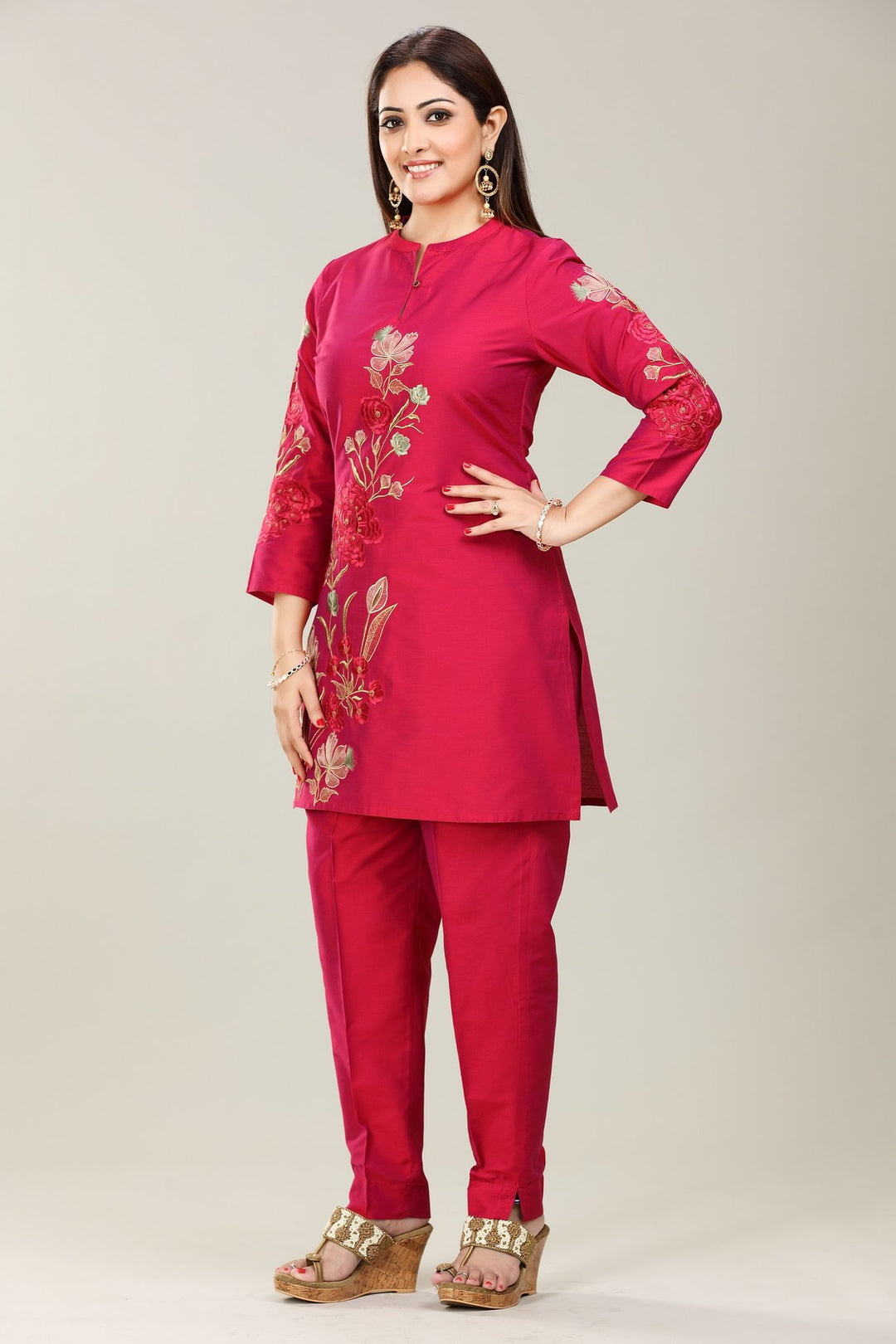 Rani Pink Cotton Silk Straight Embroidered Kurta Pant Co ord Set