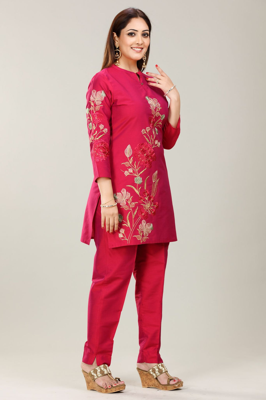 Rani Pink Cotton Silk Straight Embroidered Kurta Pant Co ord Set