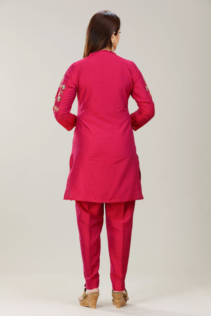 Rani Pink Cotton Silk Straight Embroidered Kurta Pant Co ord Set