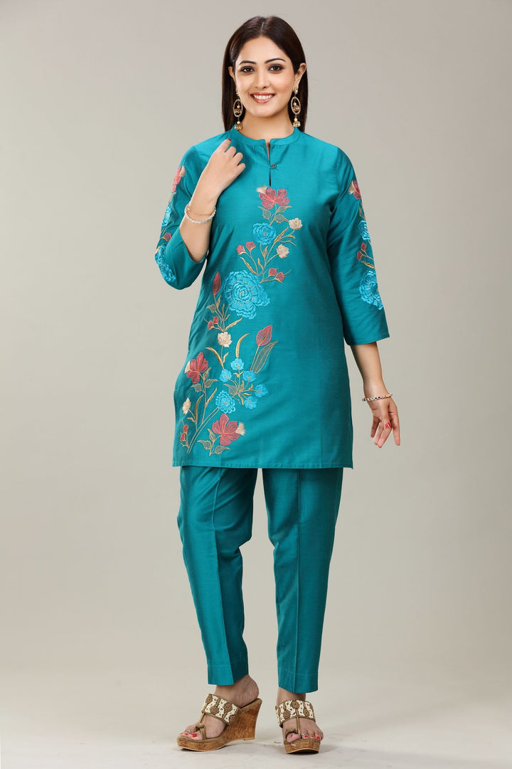 Teal Cotton Silk Straight Embroidered Kurta Pant Co ord Set