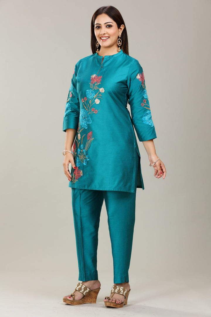 Teal Cotton Silk Straight Embroidered Kurta Pant Co ord Set