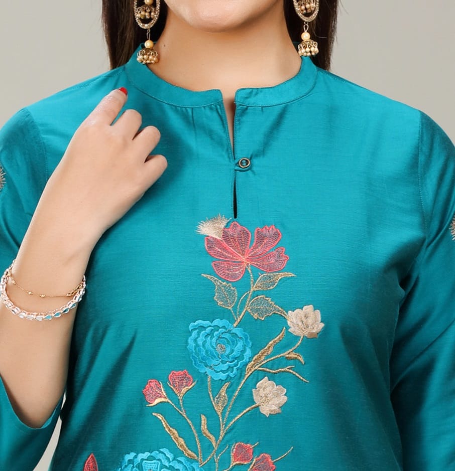 Teal Cotton Silk Straight Embroidered Kurta Pant Co ord Set