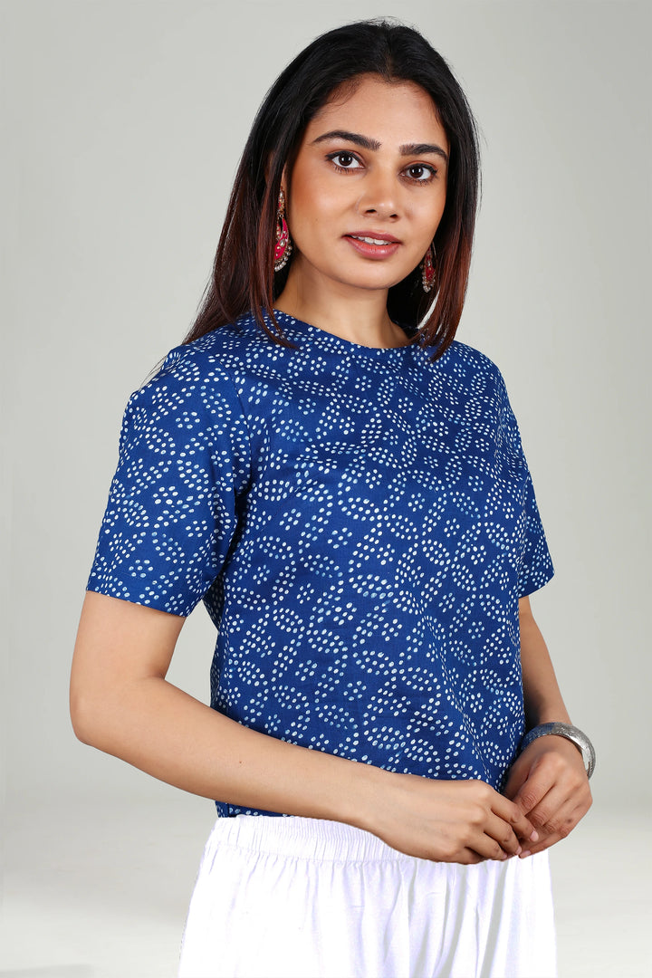 Blue Cotton Straight Printed Kurti