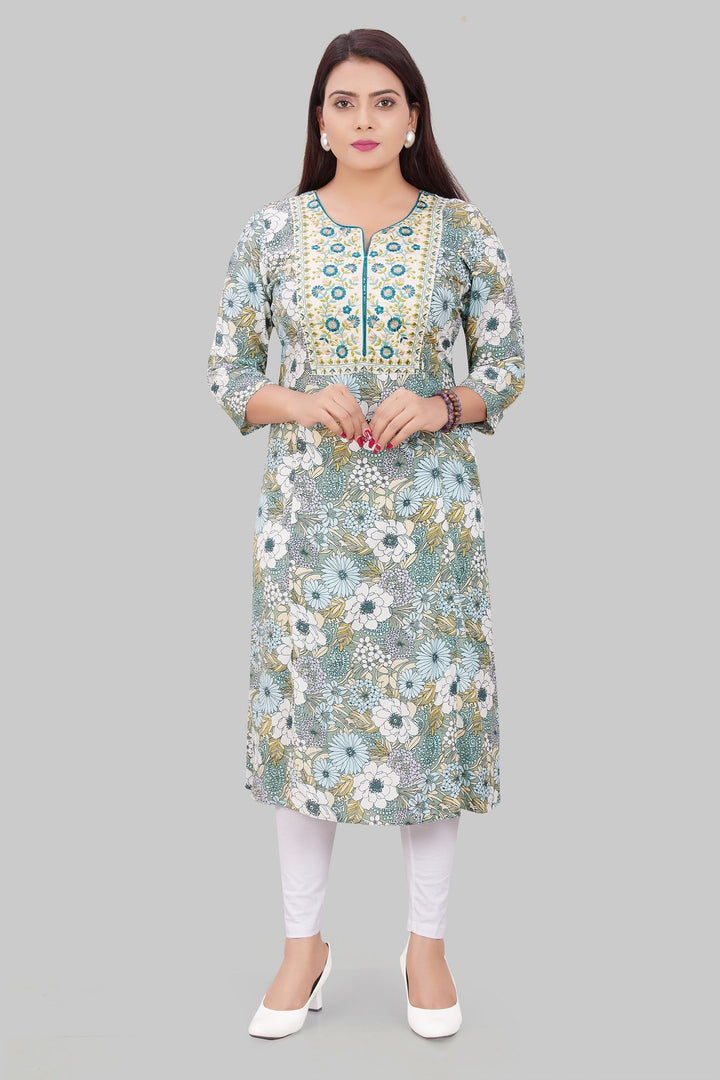 Chaaru White & Green Cotton A Line Kurta