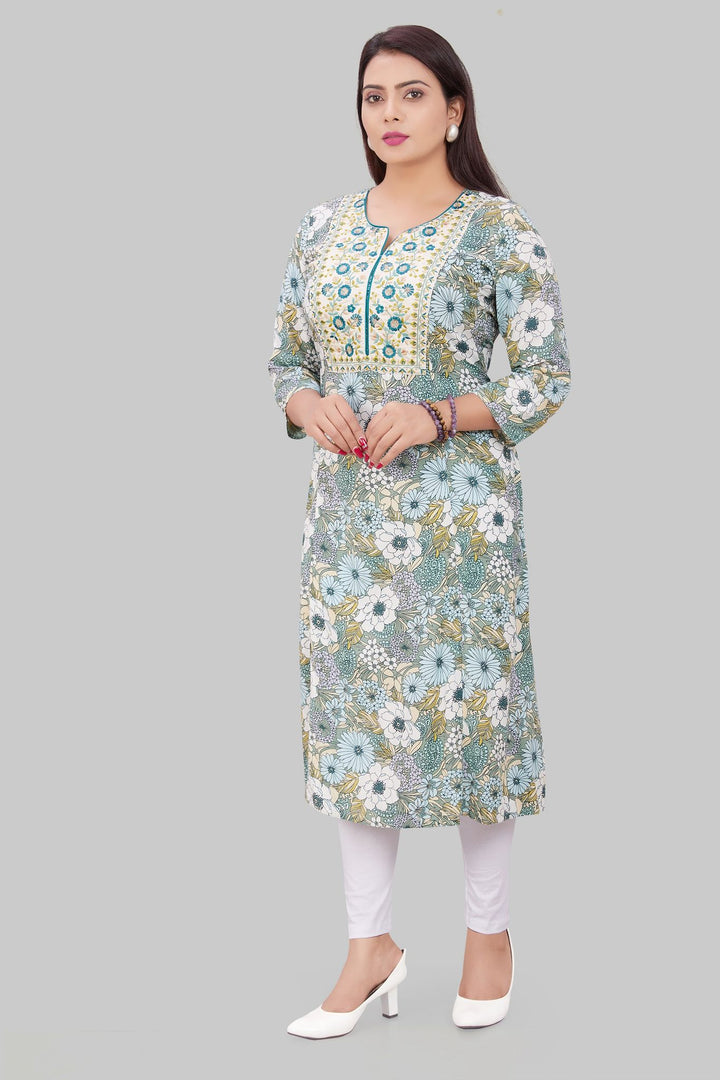 Chaaru White & Green Cotton A Line Kurta