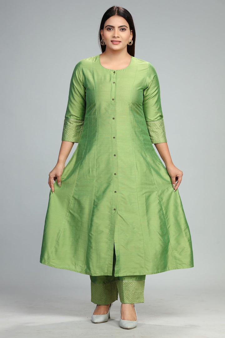 Chaitali Parrot Green Cotton Silk Kurta With Pant Set for women