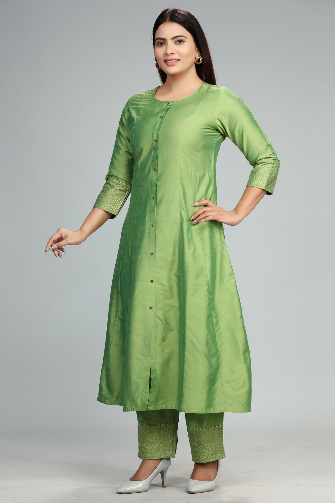 Chaitali Parrot Green Cotton Silk Kurta With Pant Set for women