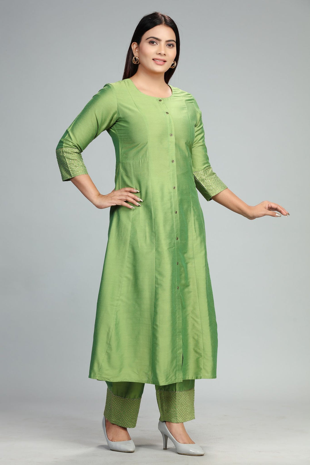 Chaitali Parrot Green Cotton Silk Kurta With Pant Set for women