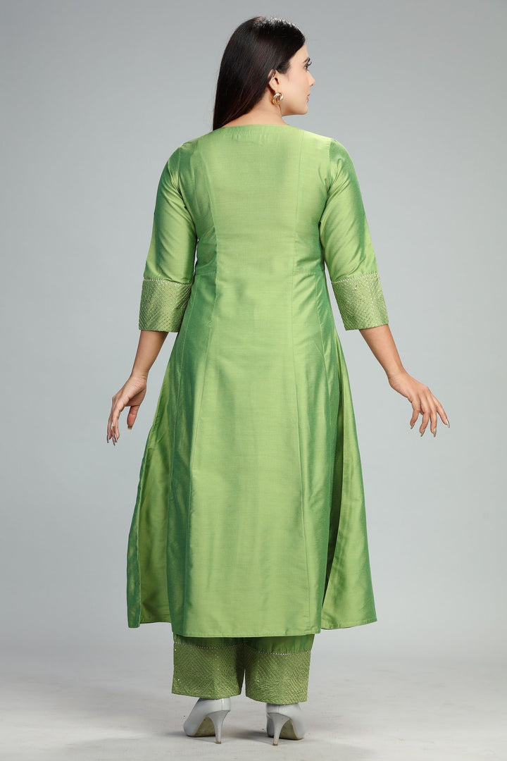 Chaitali Parrot Green Cotton Silk Kurta With Pant Set