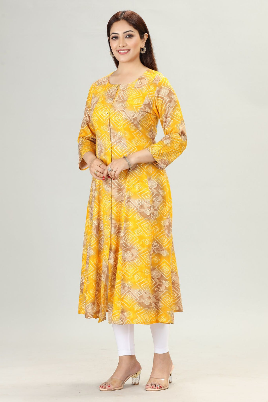 Yellow Rayon A Line Printed Kurta