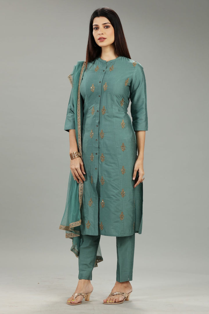 Charita CC56 Pastel Green Cotton Silk Embroidered Suit Set