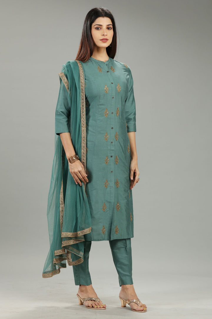 Charita CC56 Pastel Green Cotton Silk Embroidered Suit Set