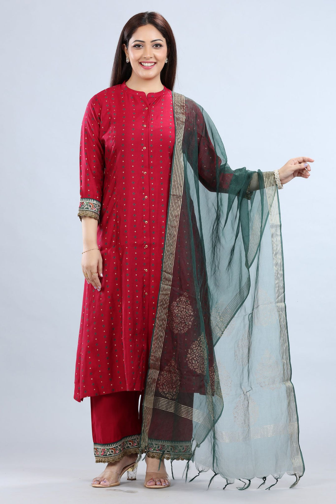 Charvi Maroon Cotton Silk Embroidered Suit Set