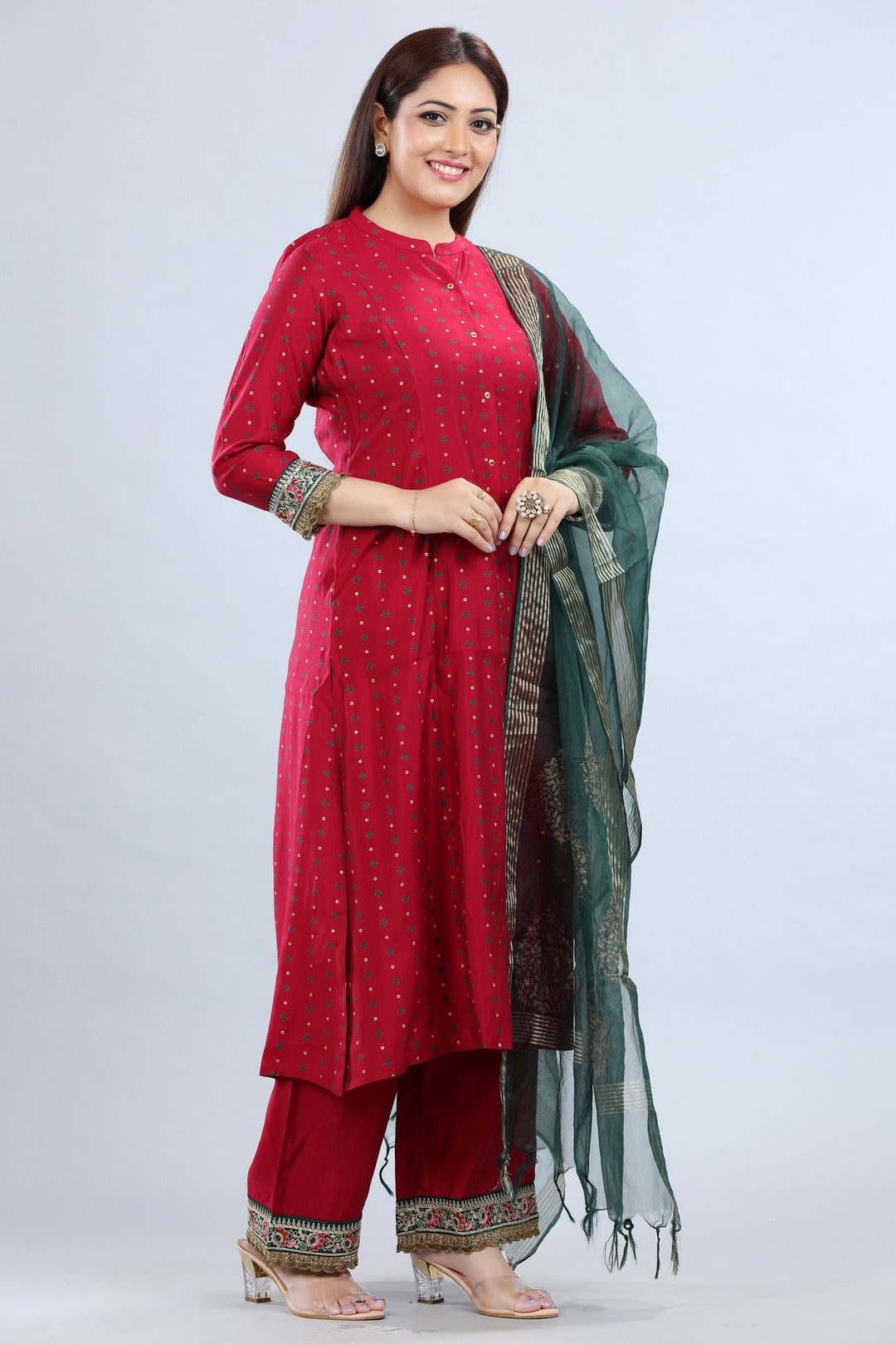 Charvi Maroon Cotton Silk Embroidered Suit Set