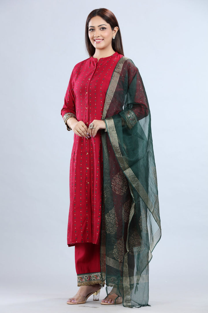 Charvi Maroon Cotton Silk Embroidered Suit Set