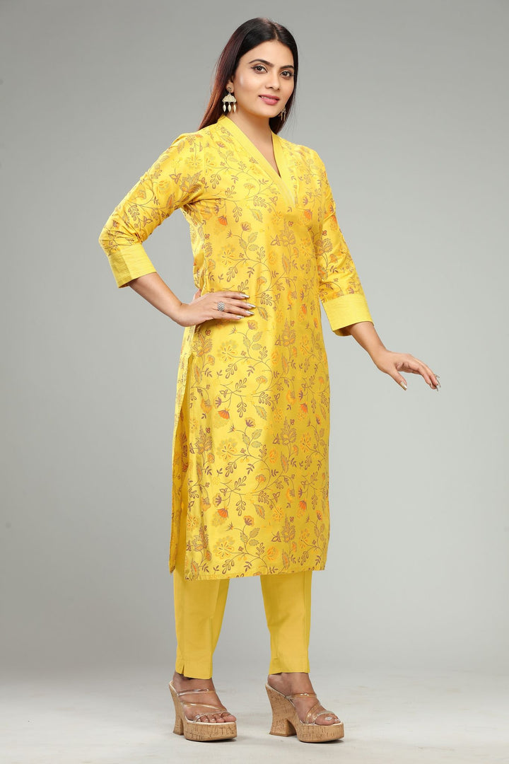 Chhaya Yellow Cotton Silk Printed & Emb Suit Set