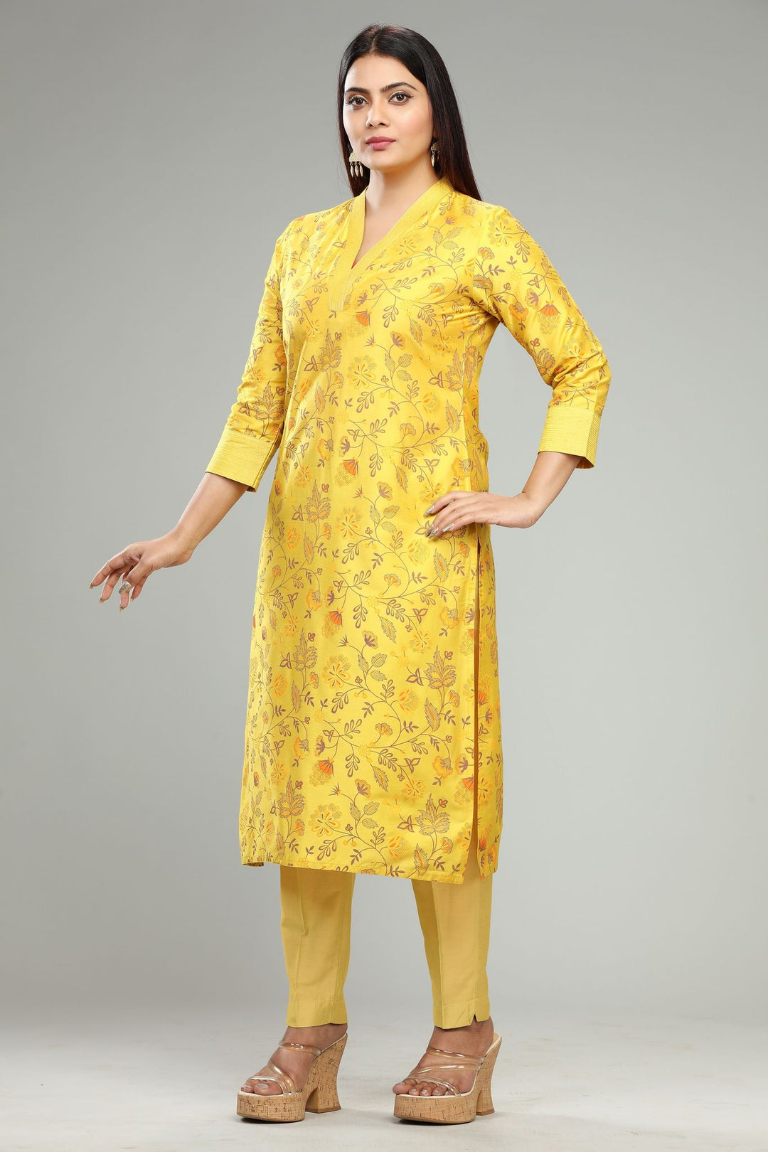 Chhaya Yellow Cotton Silk Printed & Emb Suit Set