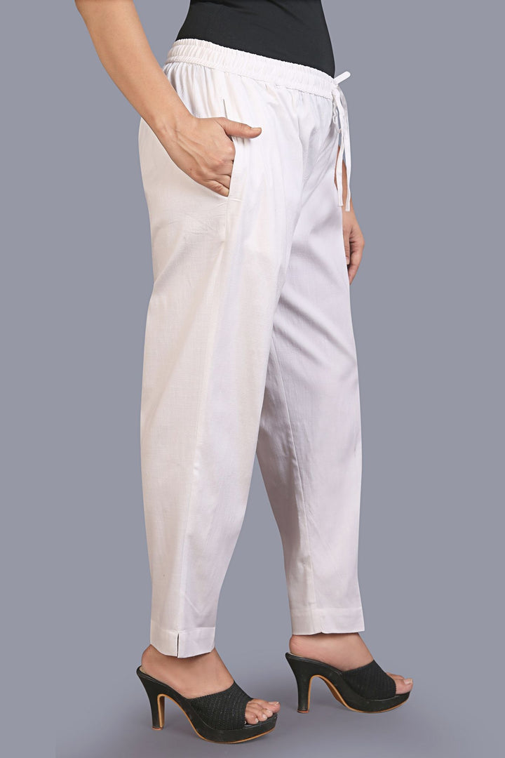 White Cotton Lycra Pant for women