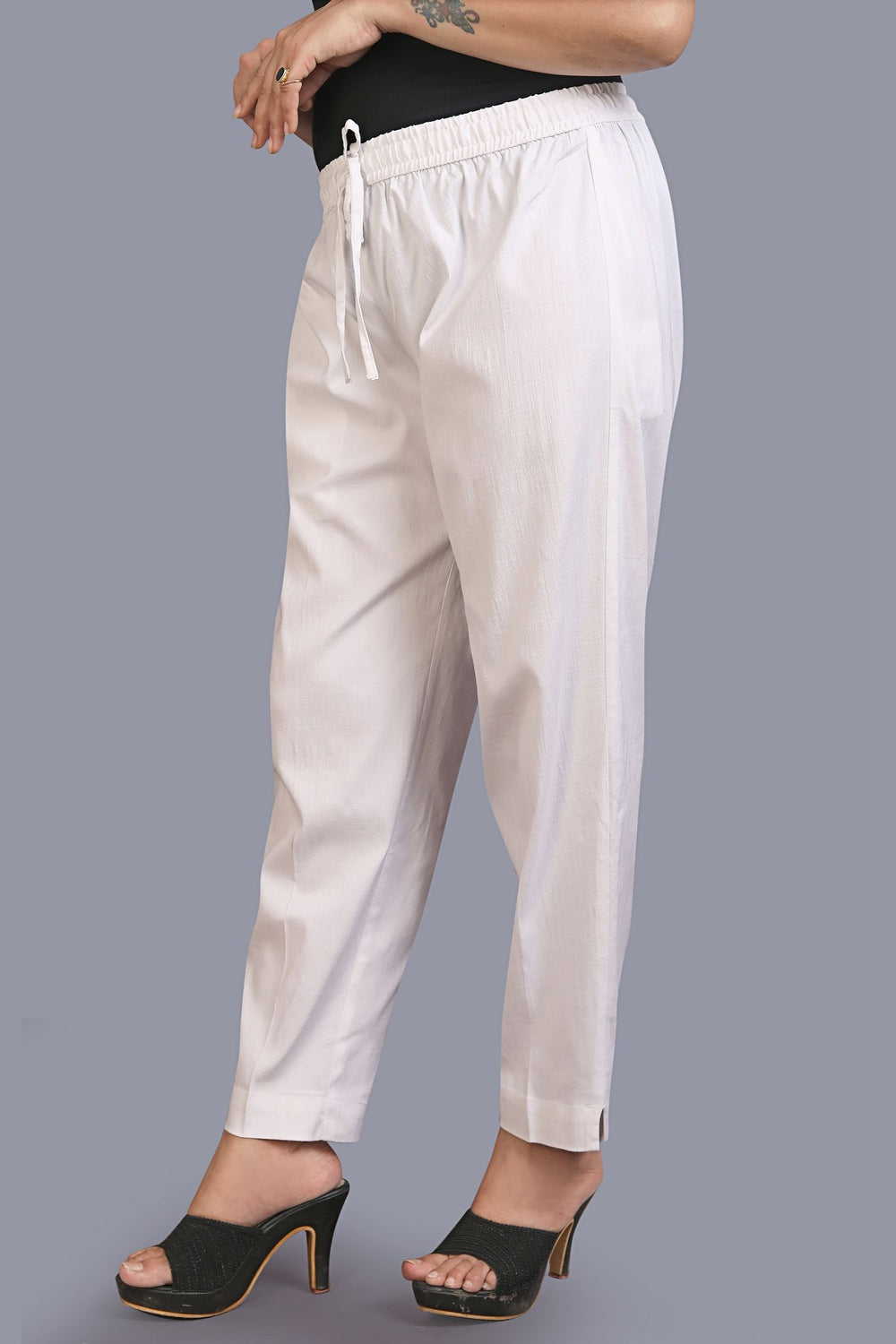 White Cotton Lycra Pant for women