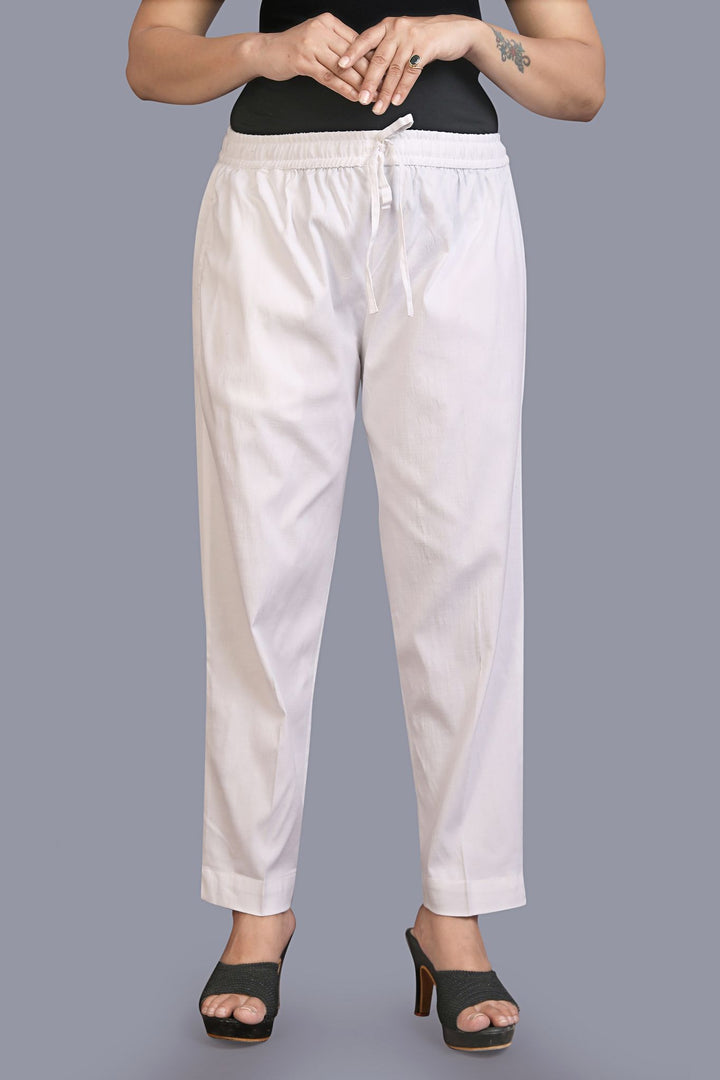 White Cotton Lycra Pant for women