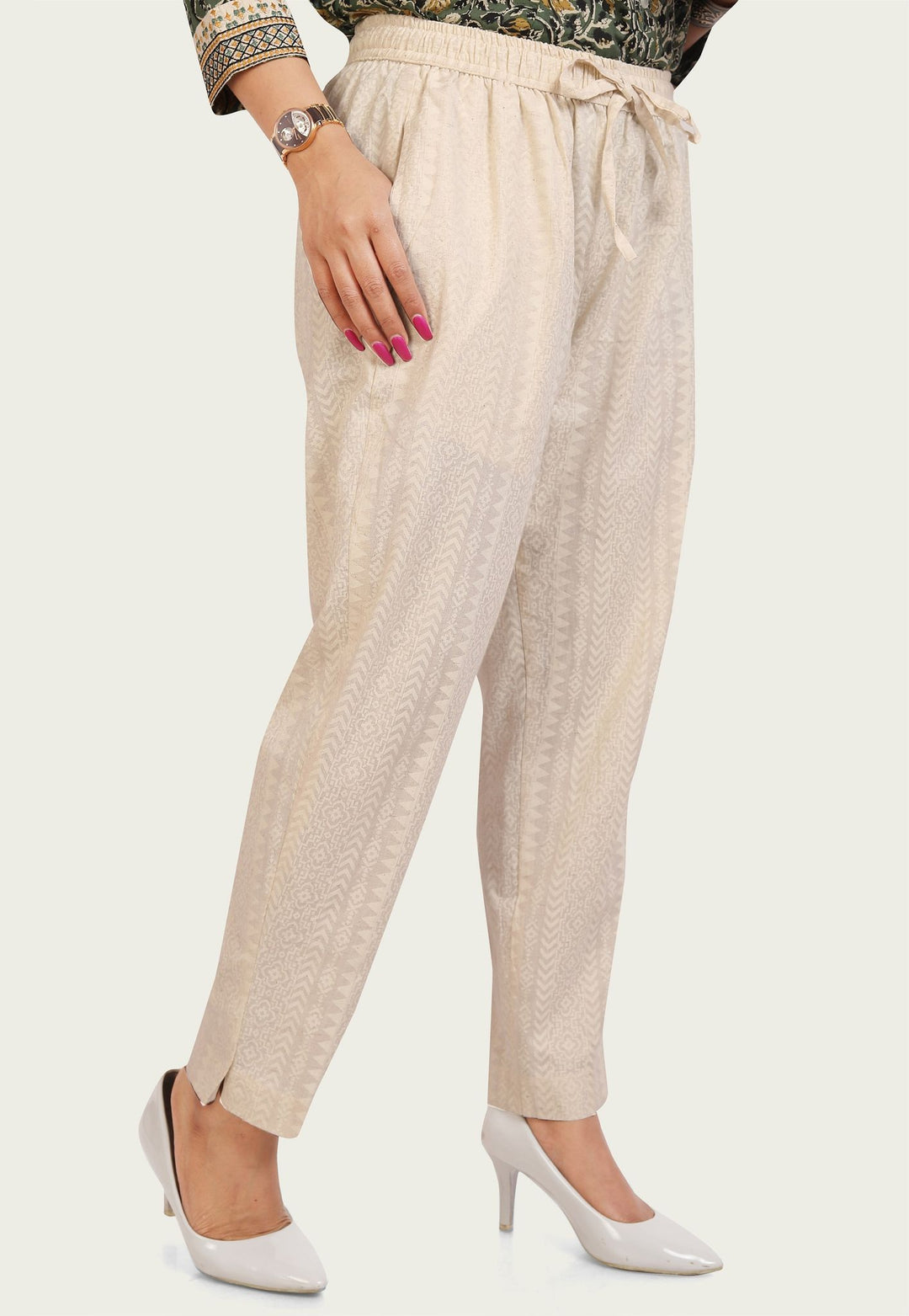 Cream Regular Fit Printed Trousers Pant