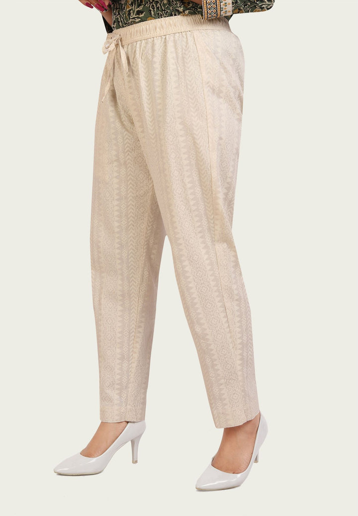 Cream Regular Fit Printed Trousers Pant