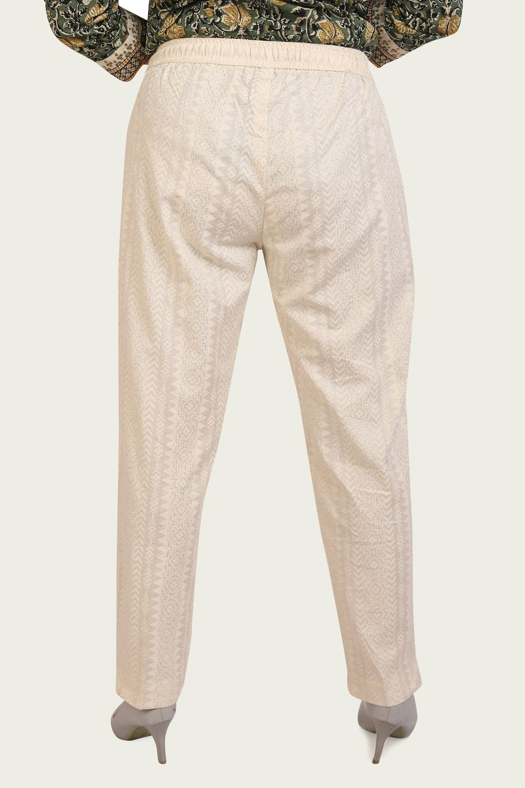 Cream Regular Fit Printed Trousers Pant