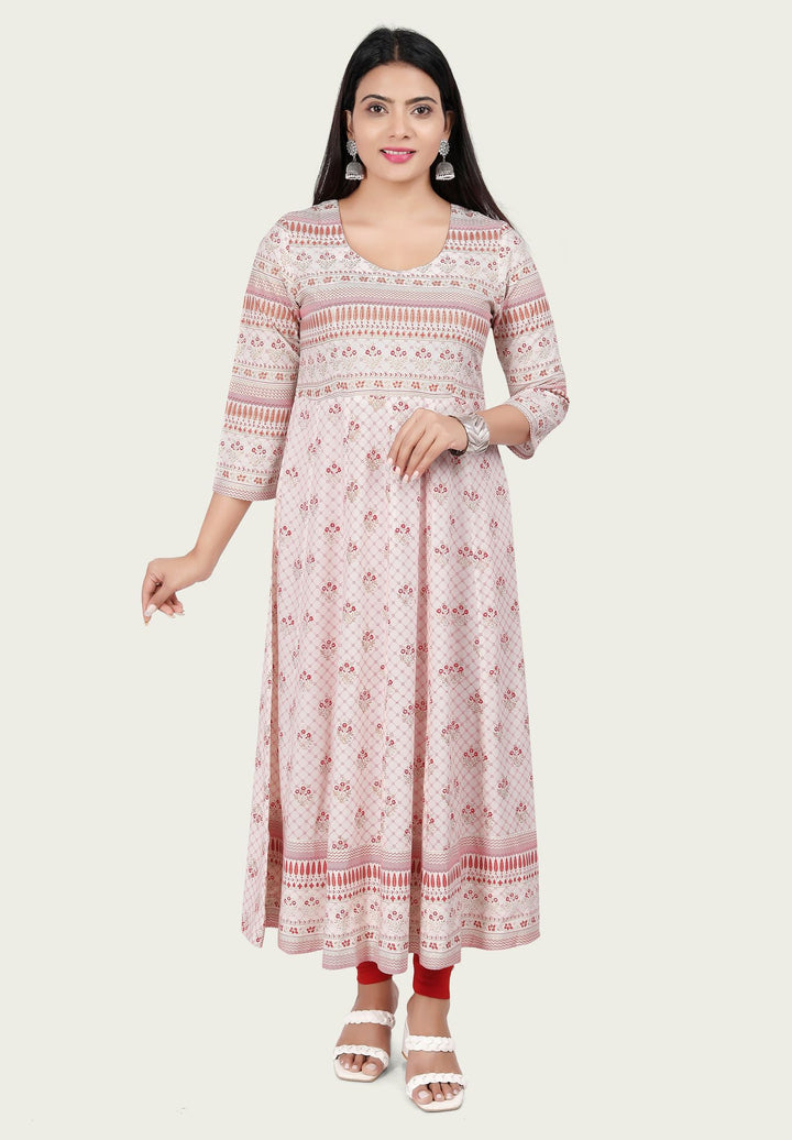 Off White Rayon A Line Printed Flared Kurta