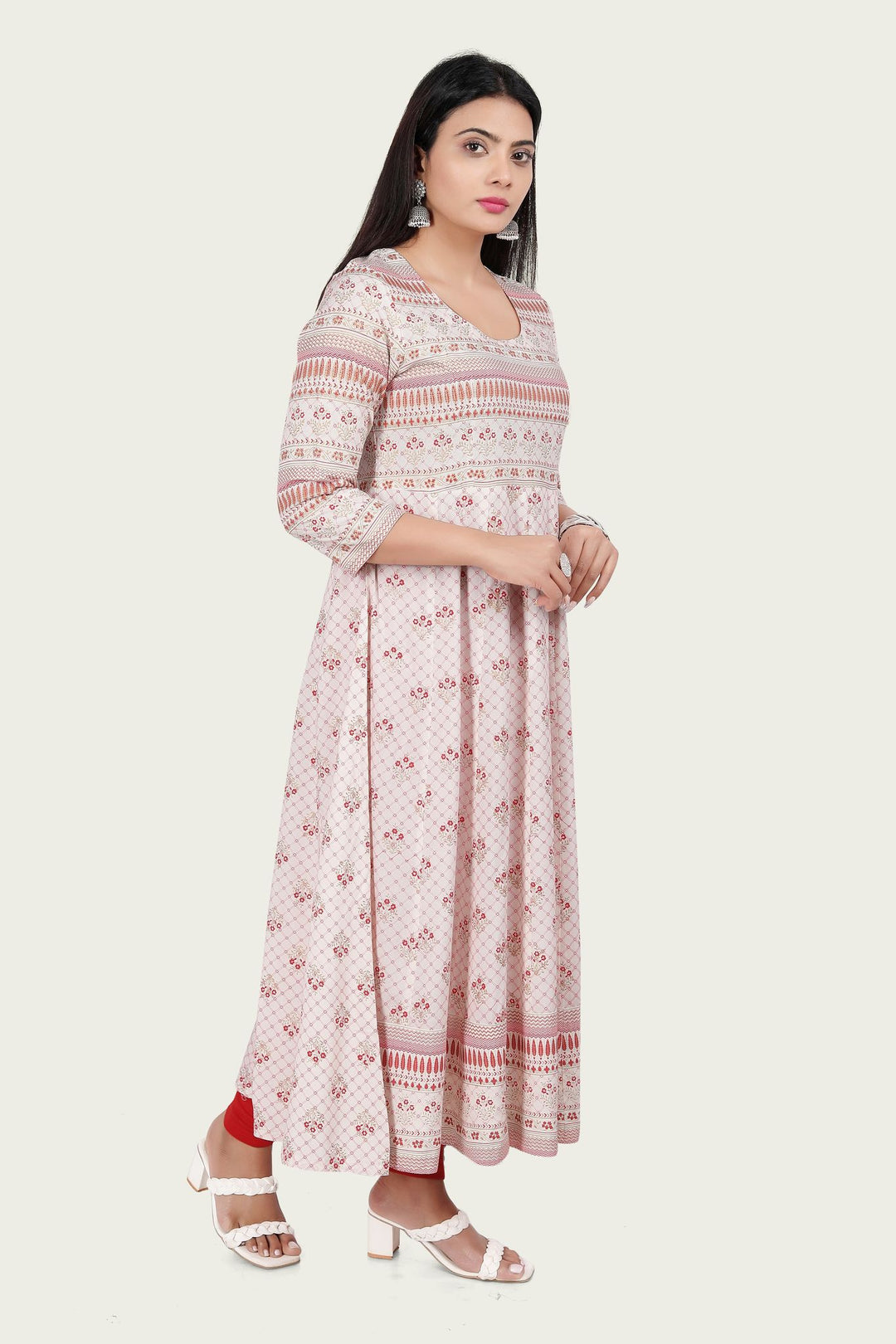 Off White Rayon A Line Printed Flared Kurta