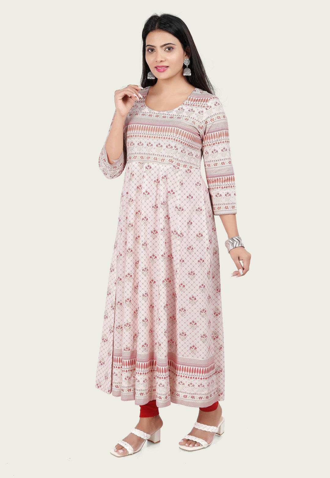 Off White Rayon A Line Printed Flared Kurta