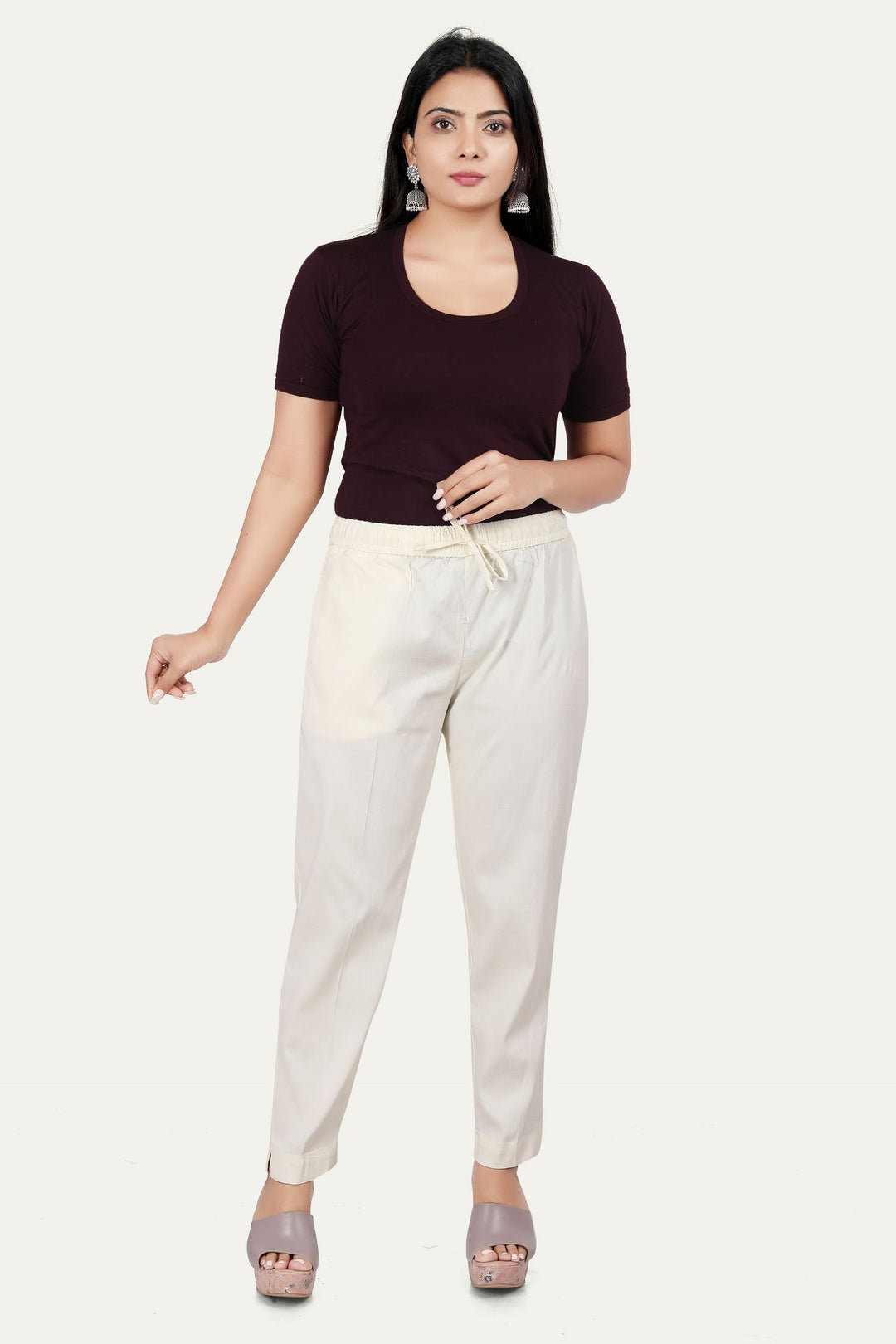 Women's Off White Cotton Lycra Pant