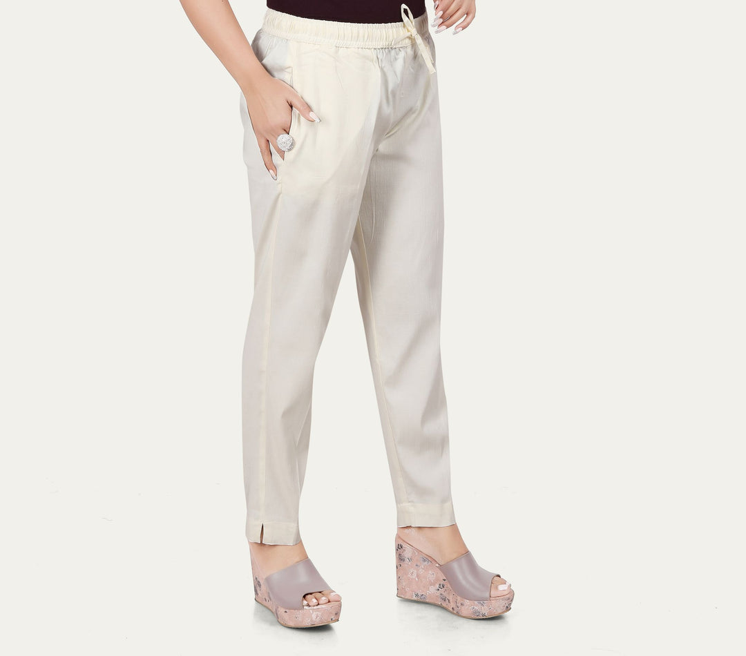 Women's Off White Cotton Lycra Pant