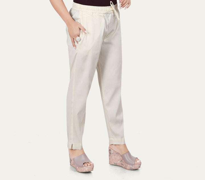 Women's Off White Cotton Lycra Pant