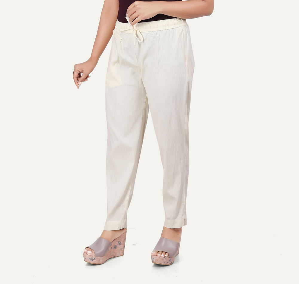 Women's Off White Cotton Lycra Pant