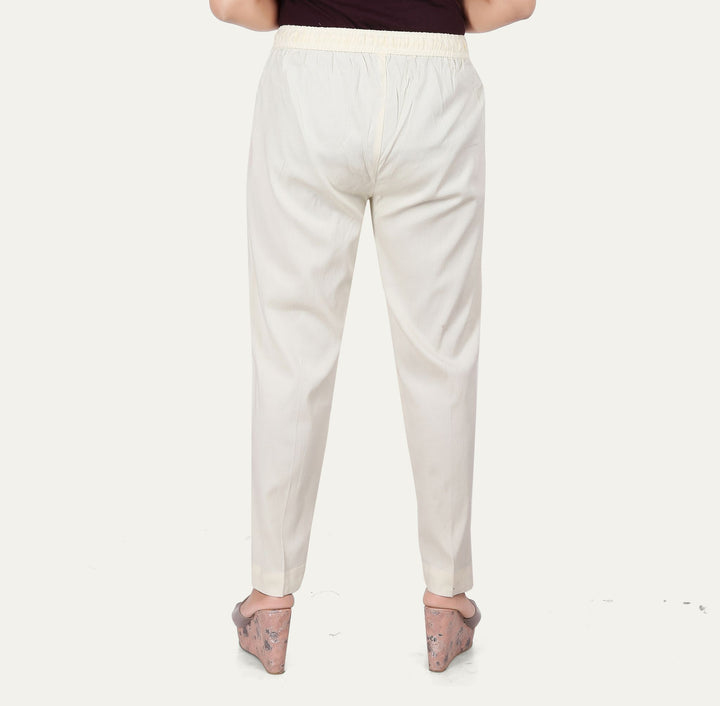 Women's Off White Cotton Lycra Pant