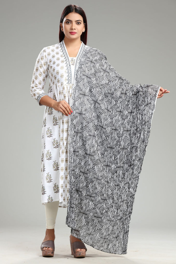 Cotton Dupatta Printed Off White & Black