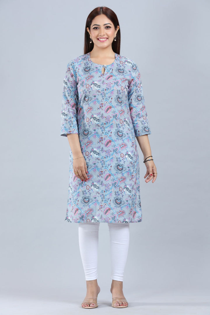 Grey Cotton Straight Printed Kurta