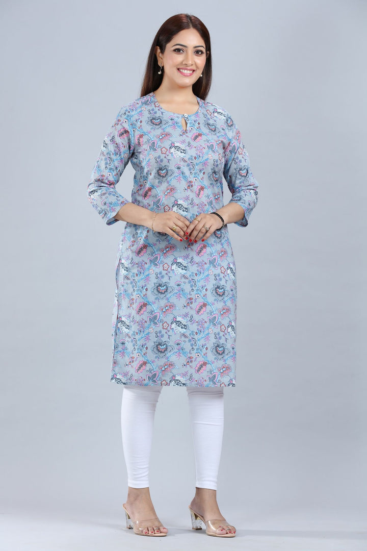 Grey Cotton Straight Printed Kurta