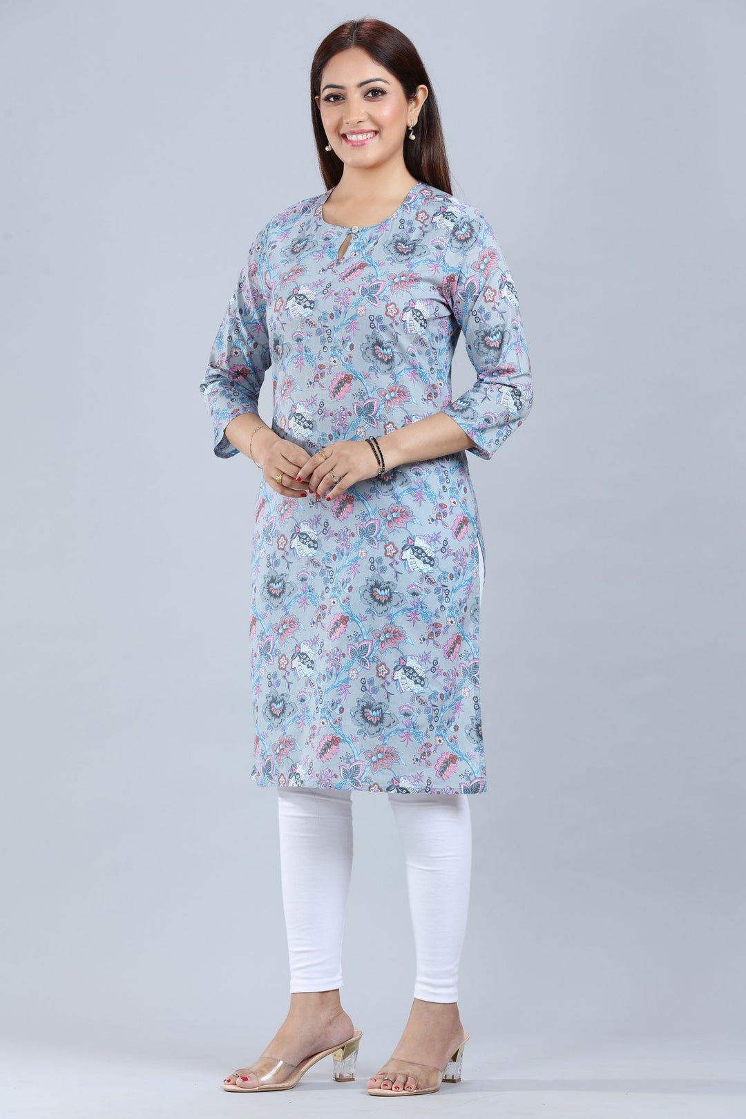 Grey Cotton Straight Printed Kurta