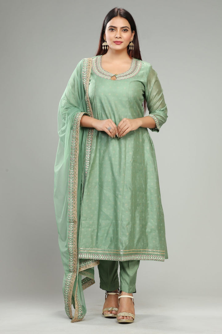 Pista Green Chanderi Embroidered Kurta Pant Suit Set